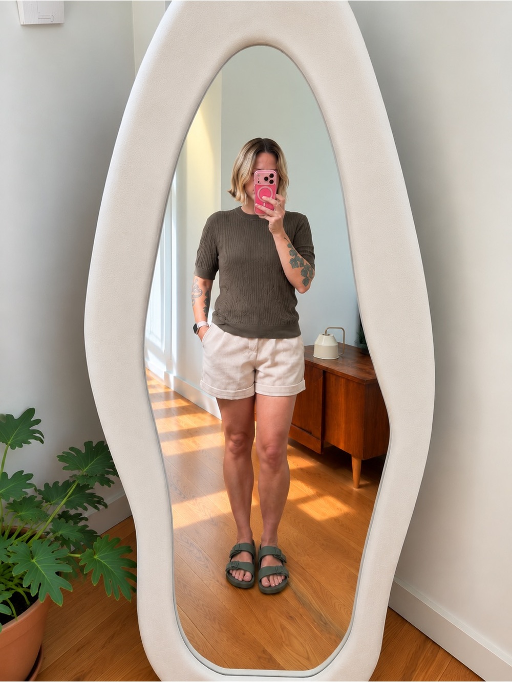 Mango Olive Green Ribbed Top with Cream Linen-Blend Shorts
